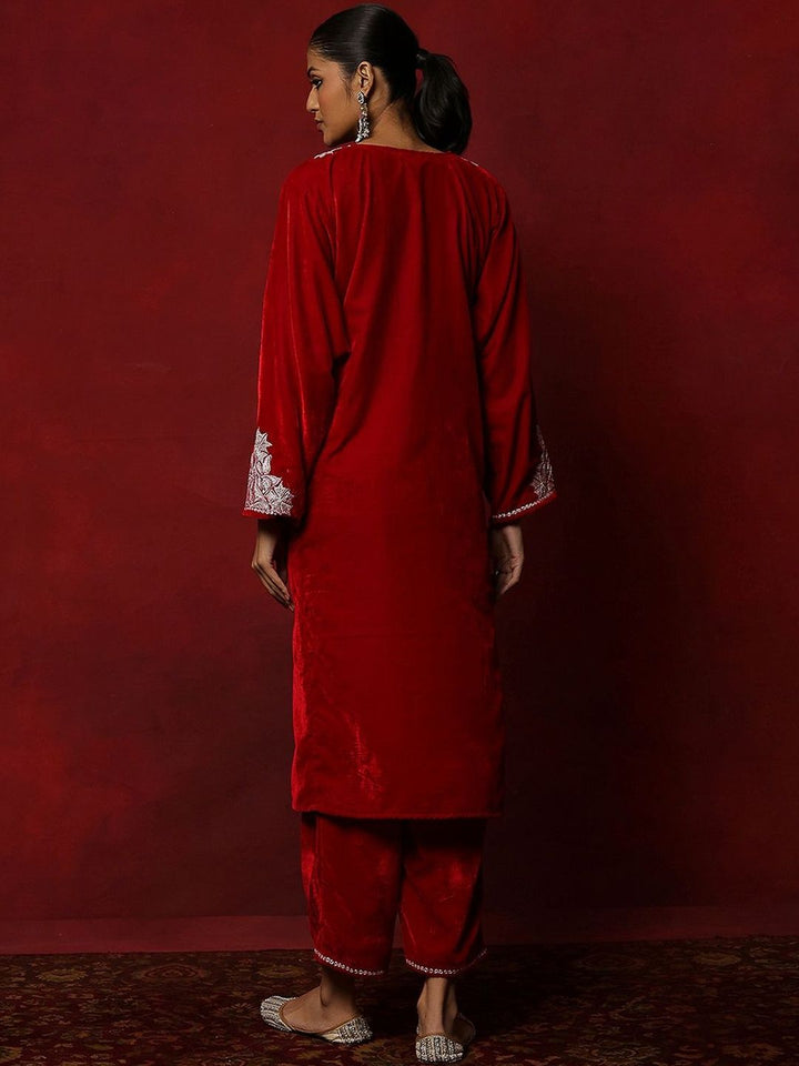 House of Chikankari Women Red Velvet Tilla Embroidered Kurta Set