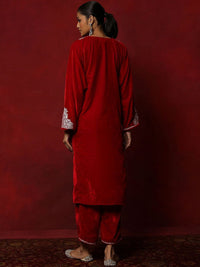 House of Chikankari Women Red Velvet Tilla Embroidered Kurta Set