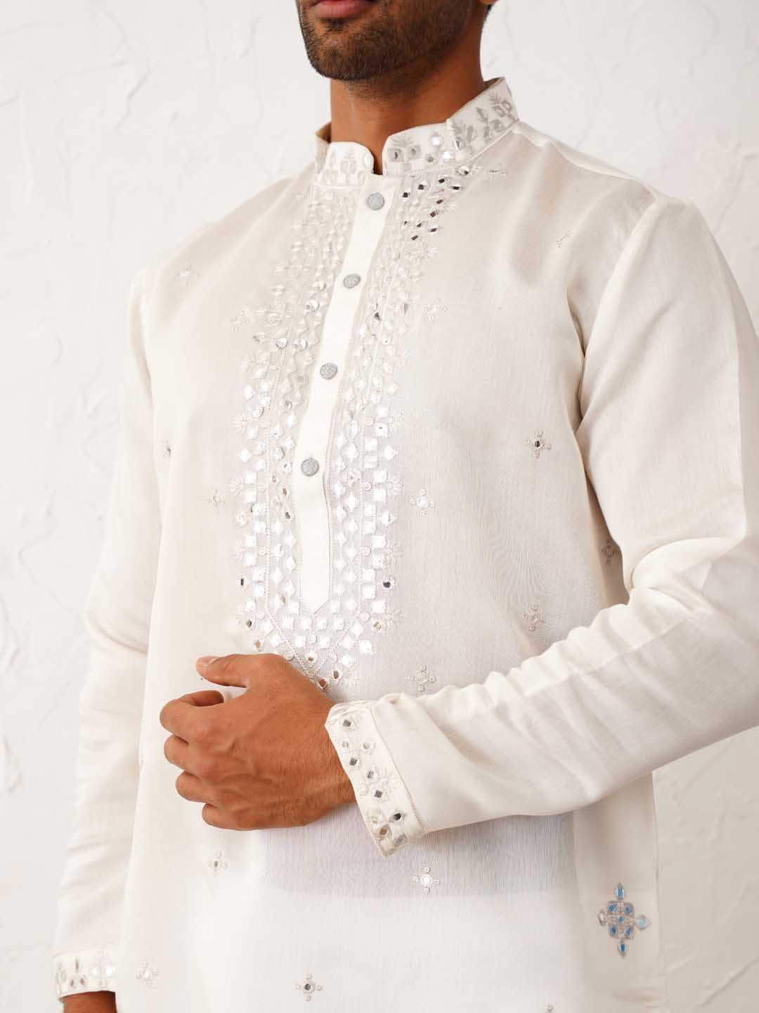 Jompers Embroidered Mandarin Collar Mirror Work Straight Kurta with Pyjamas