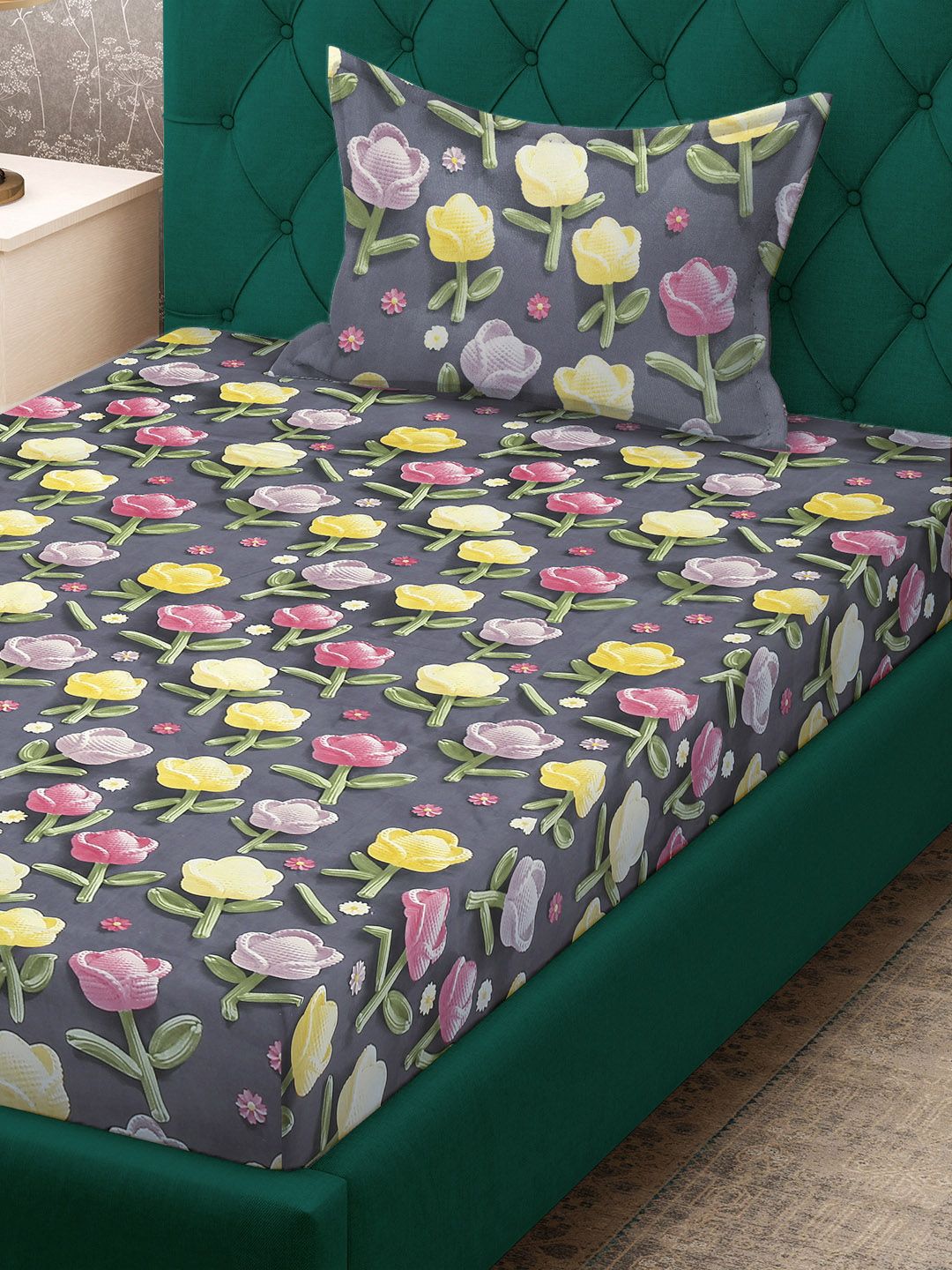 KLOTTHE Bercetak Bunga Kelabu & Kuning Dilengkapi Cadar 7D Single 300TC Dengan Sarung Bantal