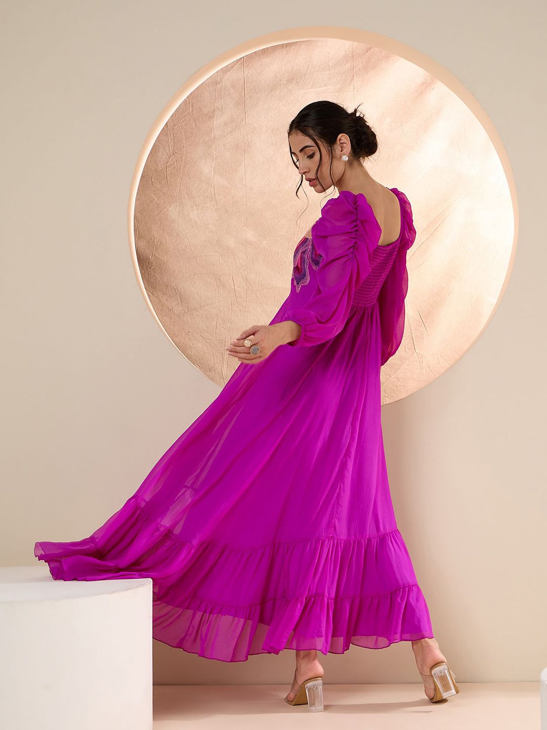 Antheaa Puff Sleeve Chiffon Emberoidered Maxi Dress