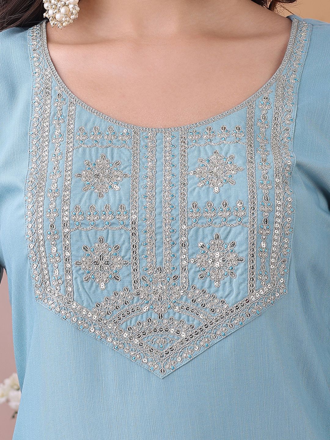 KALINI Yoke Design Sequinned Straight Kurta With Trousers And Dupatta