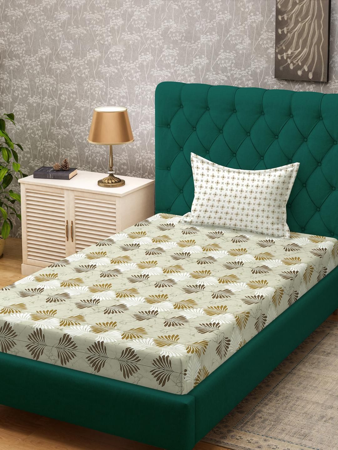 KLOTTHE Olive Floral Cotton Single Bedsheets