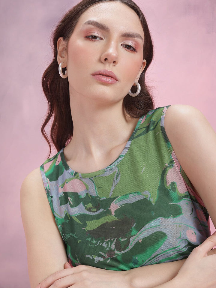 DressBerry Ruched Printed Mesh Maxi Dress