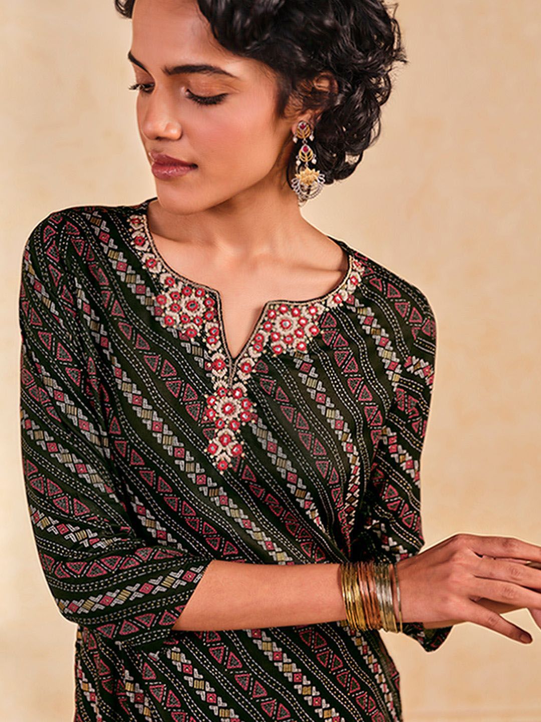 Global Desi Bandhani Printed Mirror Work Straight Kurta