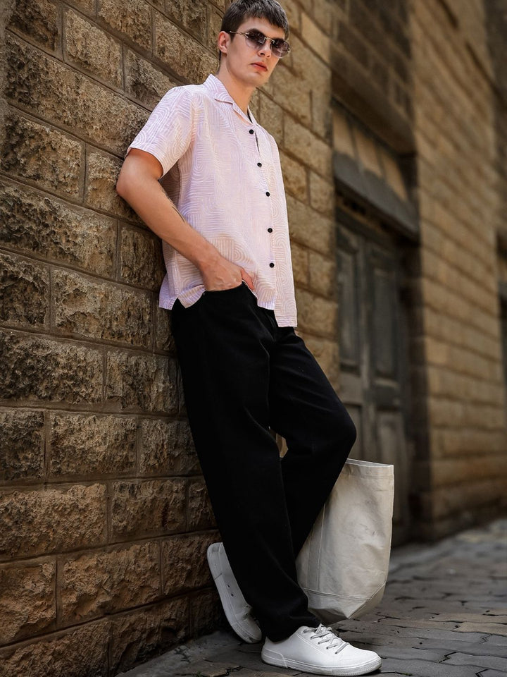 Eszett Abstract Printed Spread Collar Short Sleeves Regular Fit Cotton Linen Casual Shirt