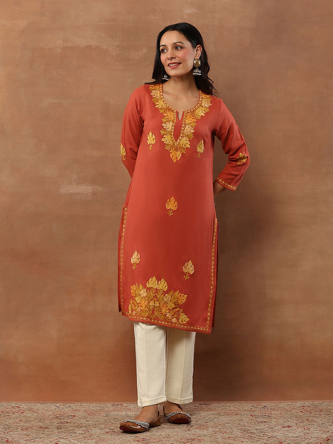 House of Chikankari Women Coral Woollen Aari Embroidered Kurta