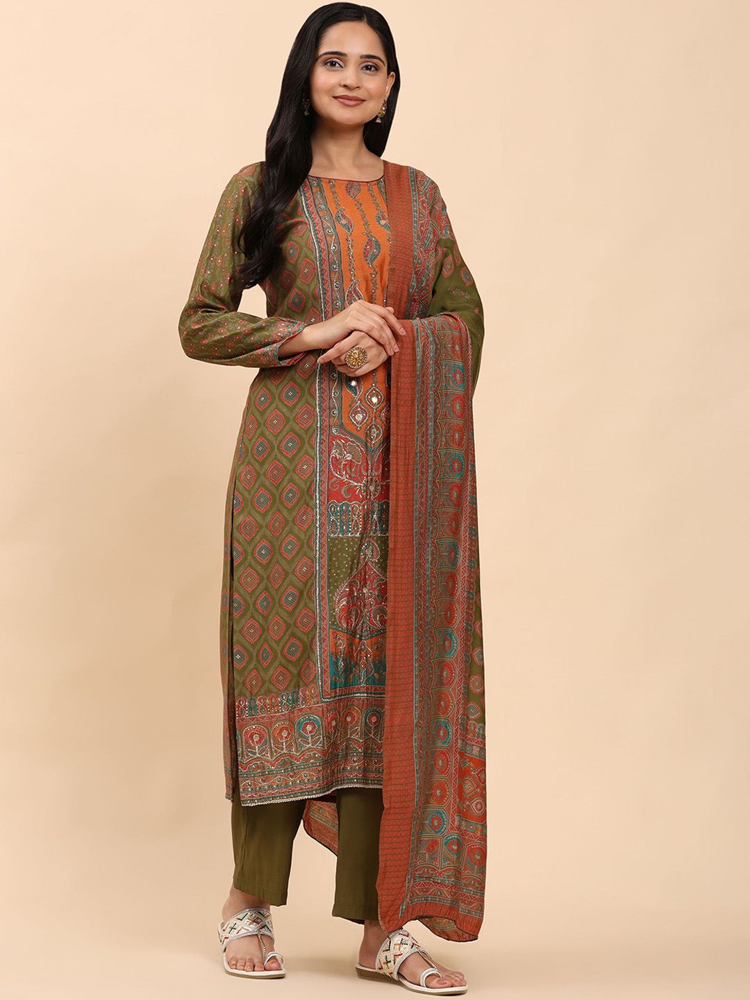 Mamicha Women Floral Embroidered Regular Pure Cotton Kurta with Trousers & With Dupatta