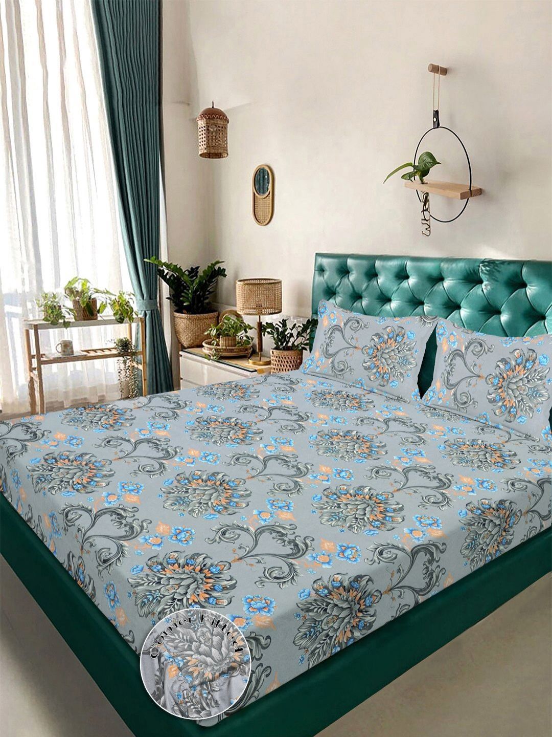 Aura Grey & Orange Floral Printed Fitted 300 TC King Bedsheet Set 2.50 m x 2.25 m