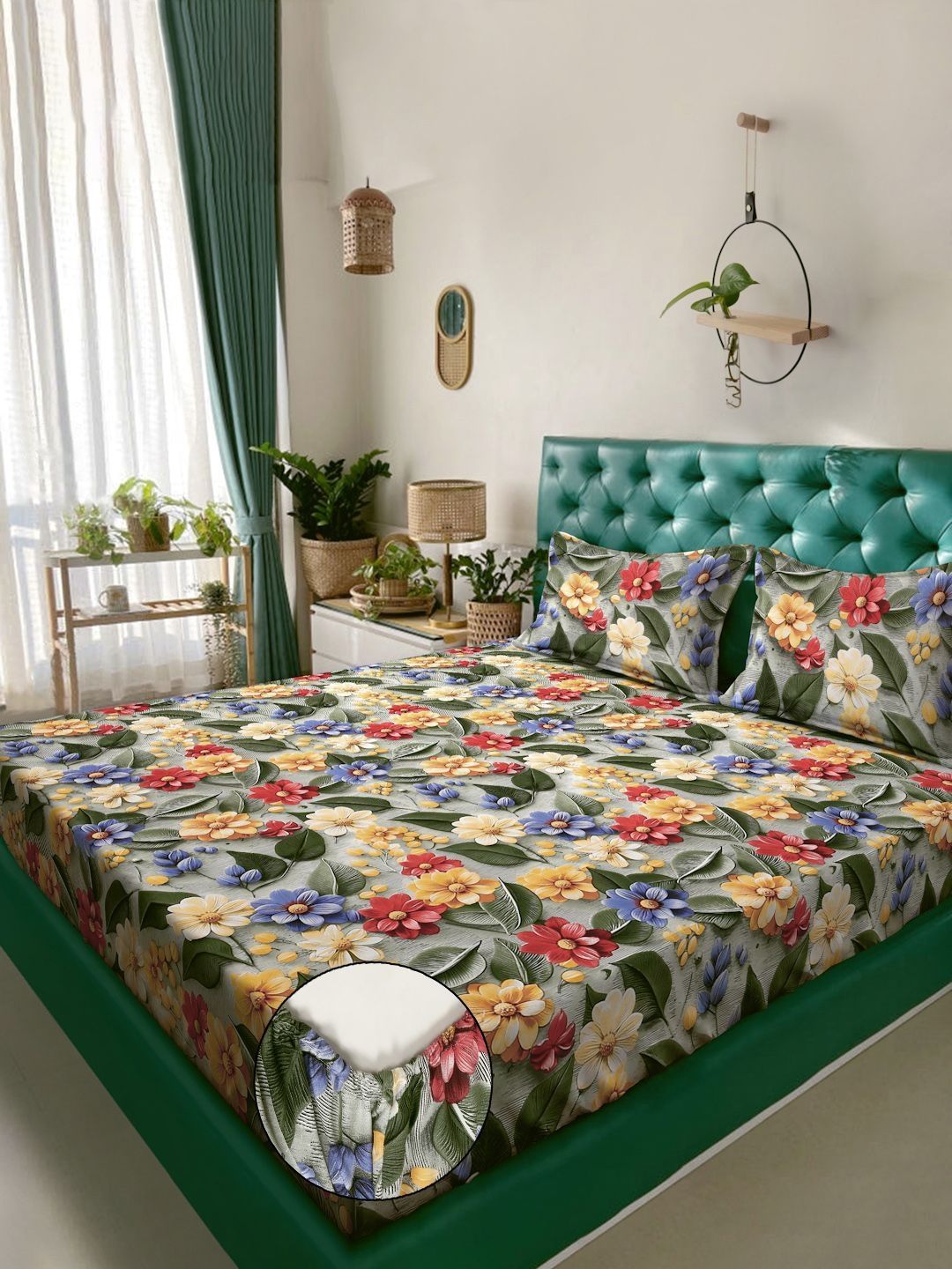 Myntra Elegant Green Floral Printed Fitted 300 TC King 7D Bedsheet with 2 Pillow Covers