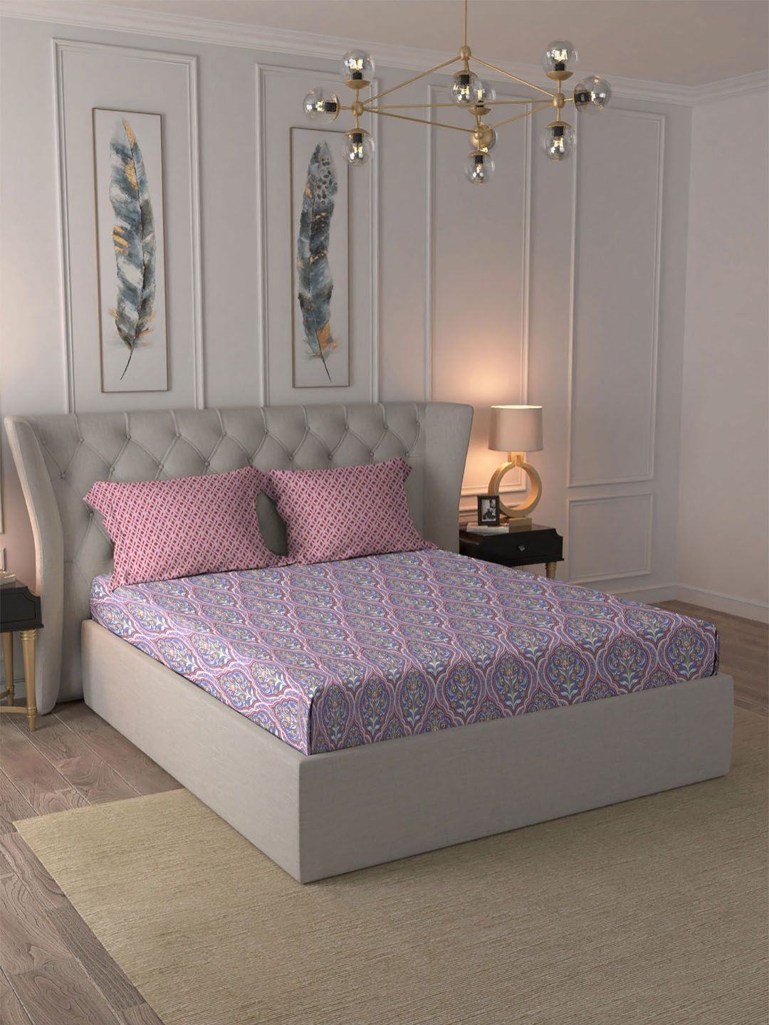 MYTRIDENT Anna Purple Dusk & Dawn Flat 144TC Queen Cotton Bedsheet Set