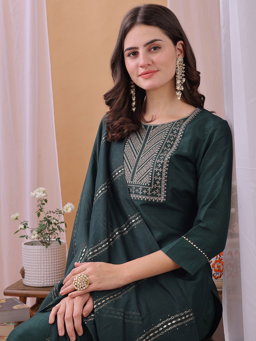 KALINI Women Ethnic Motifs Embroidered Regular Sequinned Kurta with Trousers & Dupatta