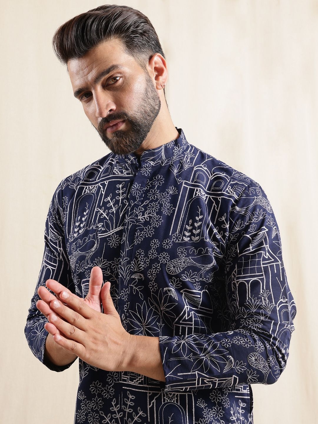 SOJANYA Lelaki Motif Etnik Bercetak Kurta Lurus Perayaan