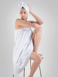 MYTRIDENT White Pure Cotton Bath Robe With Headwrap