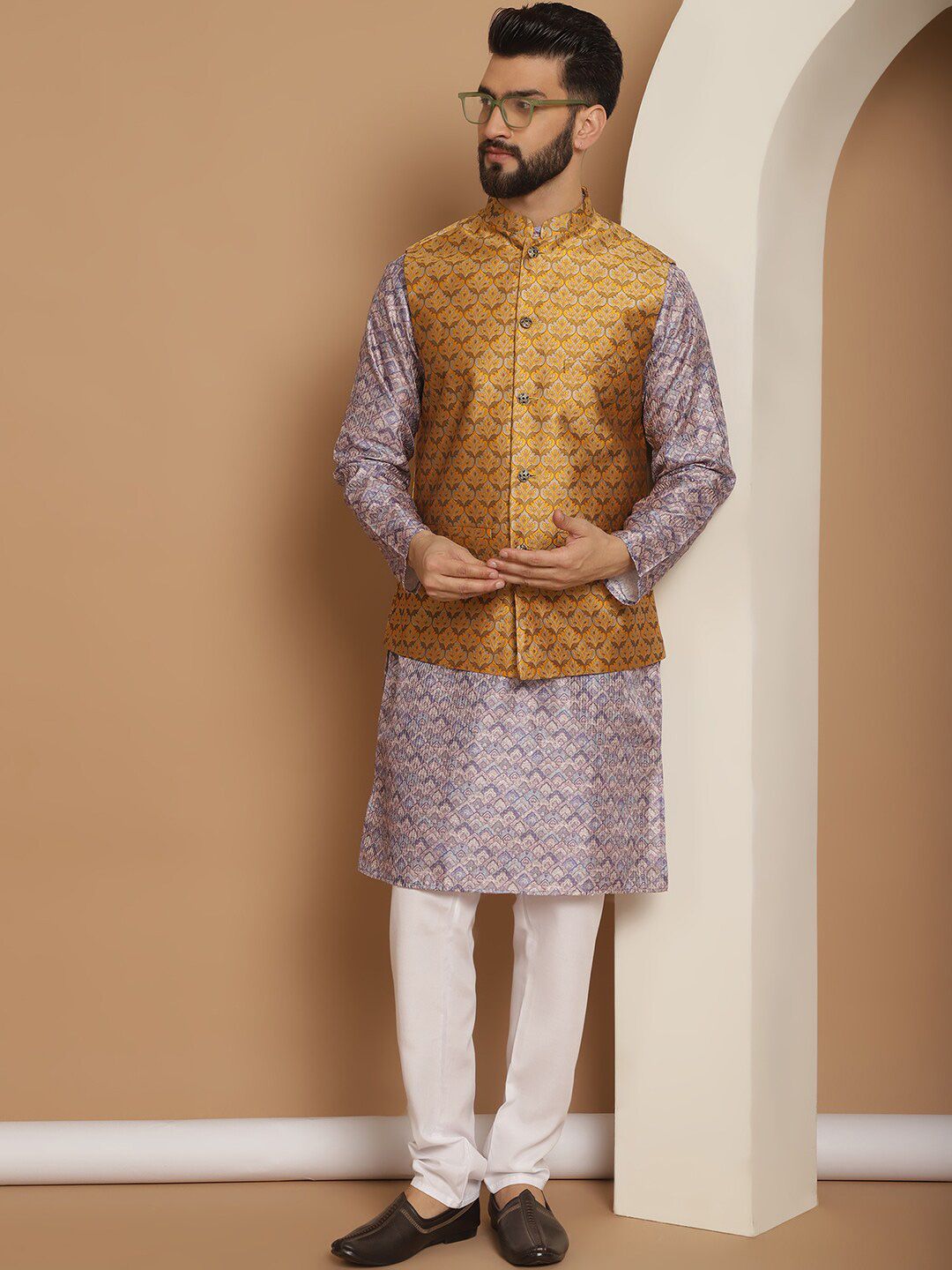 Anouk Men Geometric Printed Straight Kurta With Churidar & Nehru Jacket