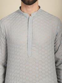 Anouk Motif Etnik Kelabu Bersulam Kolar Mandarin Lengan Panjang Kurta Benang Kapas