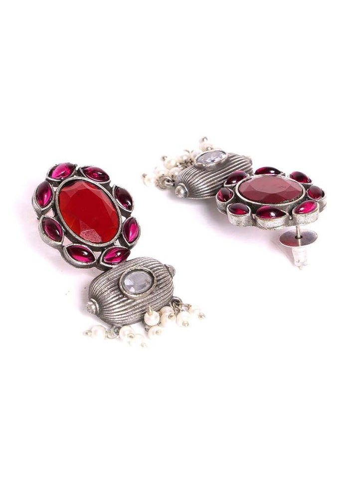 PANASH Silver Plated Cubic Zirconia Studded Oxidized Drop Earrings
