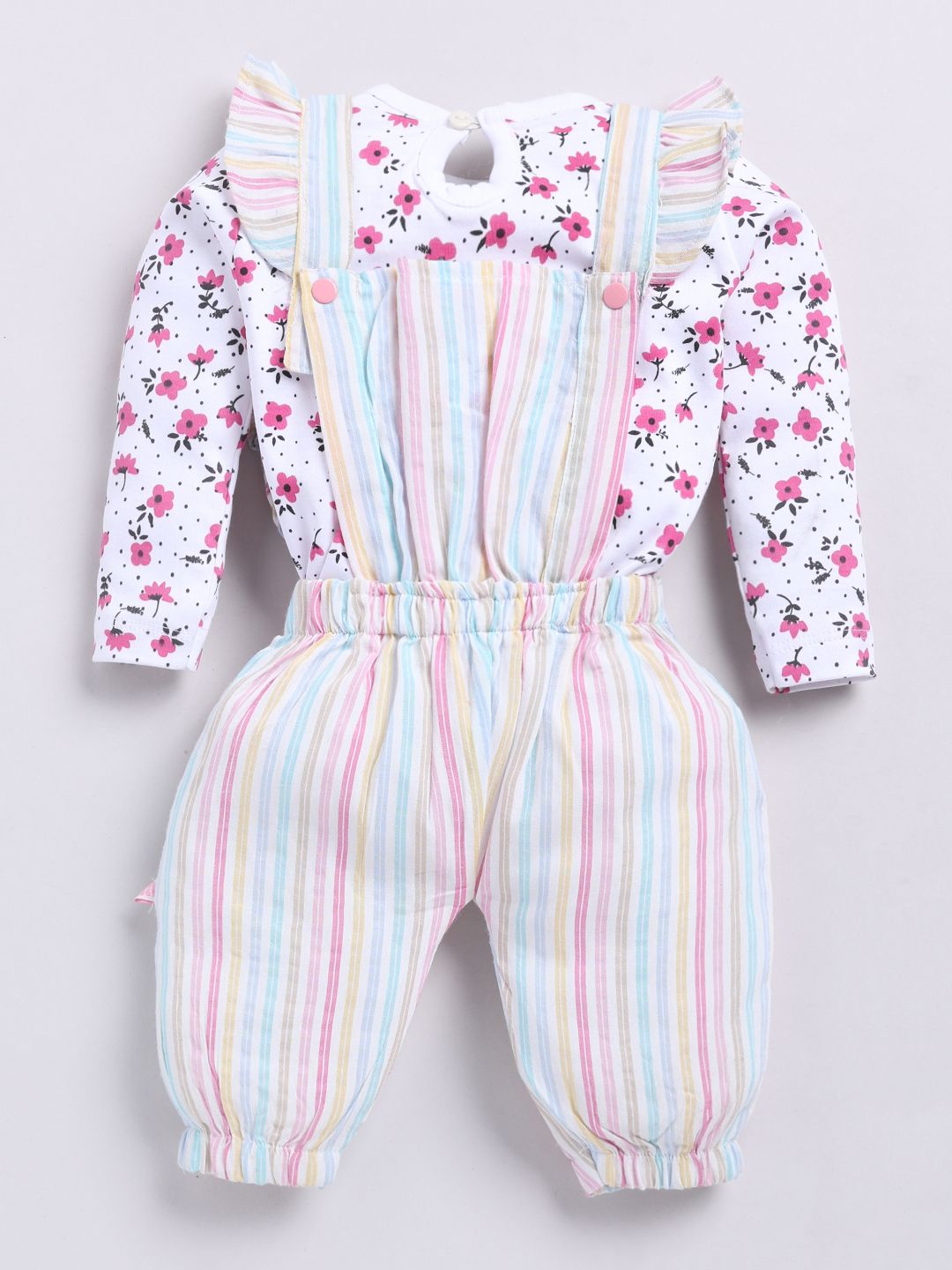 Moms Love Infants Girls Cotton Striped Ruffled Dungarees with T-shirt & Headband