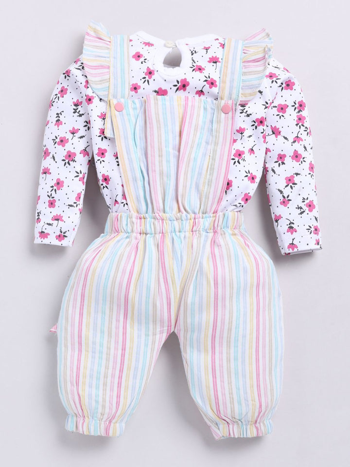 Moms Love Infants Girls Cotton Striped Ruffled Dungarees with T-shirt & Headband