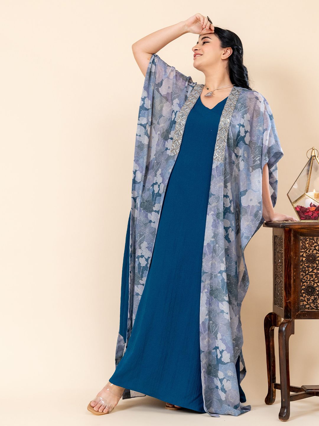 Mamicha Women Print Round Neck Kimono Sleeves Kaftan Maxi Dress