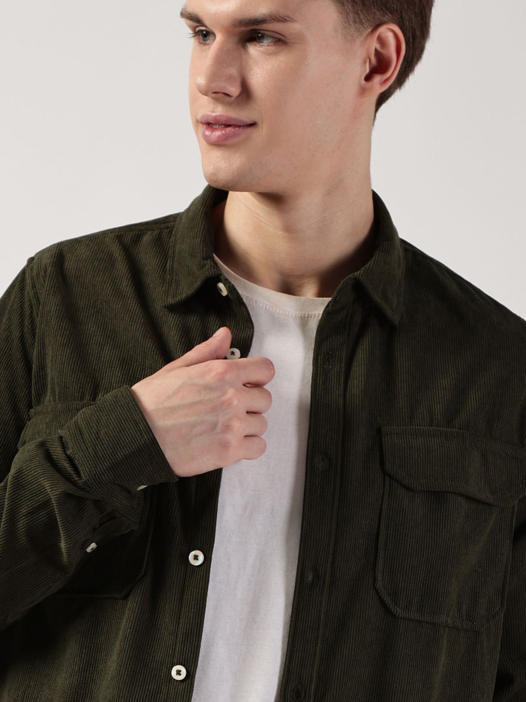 Thomas Scott Men Premium Spread Collar Solid Slim Fit Corduroy Casual Shirt