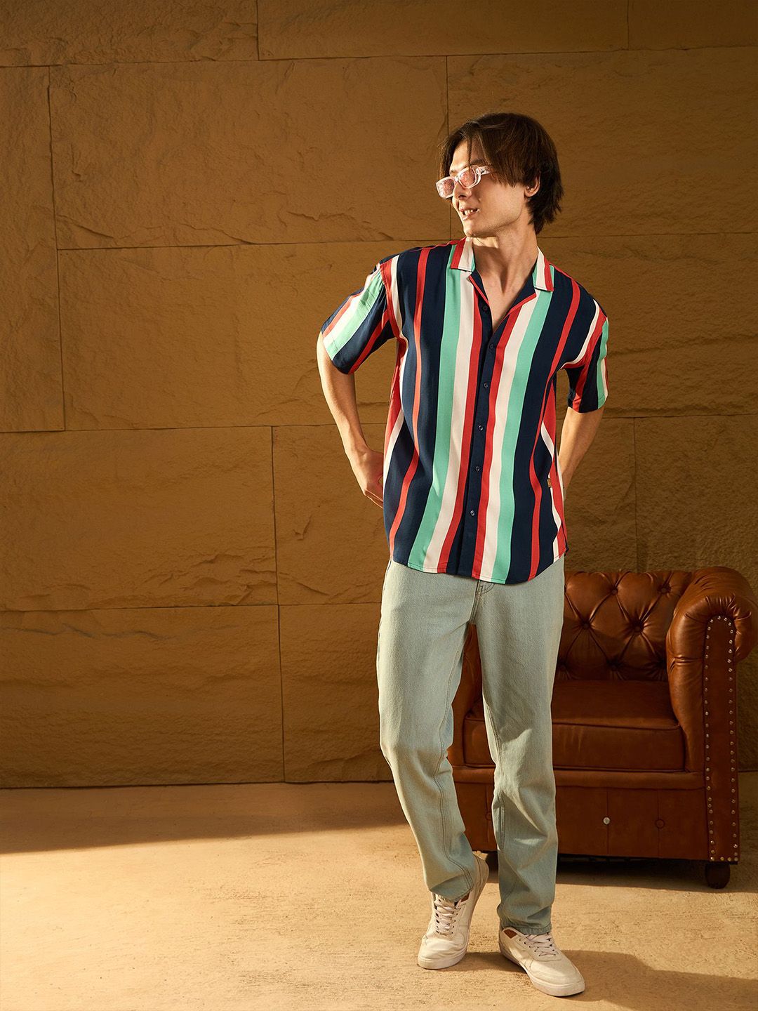 DENNISON Men Relaxed Cuban Collar Vertical Striped Oversized Casual Shirt