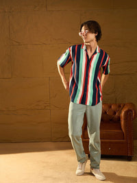 DENNISON Men Relaxed Cuban Collar Vertical Striped Oversized Casual Shirt