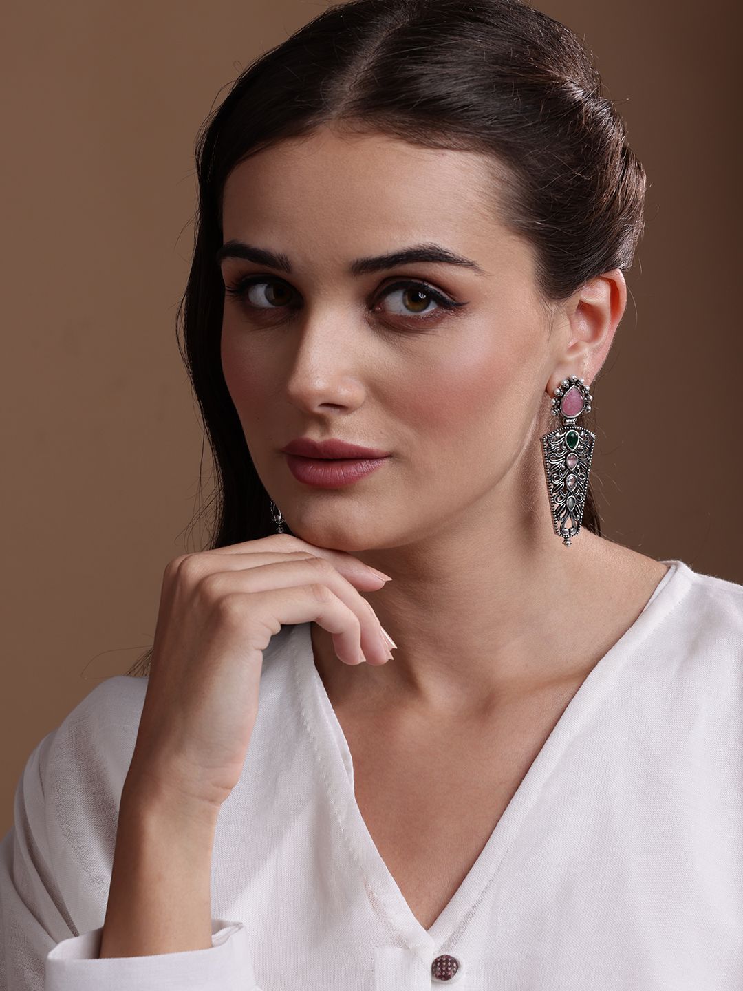 PANASH Silver Plated Cubic Zirconia Studded Oxidized Drop Subang