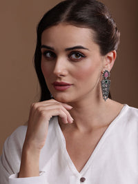PANASH Silver Plated Cubic Zirconia Studded Oxidized Drop Subang