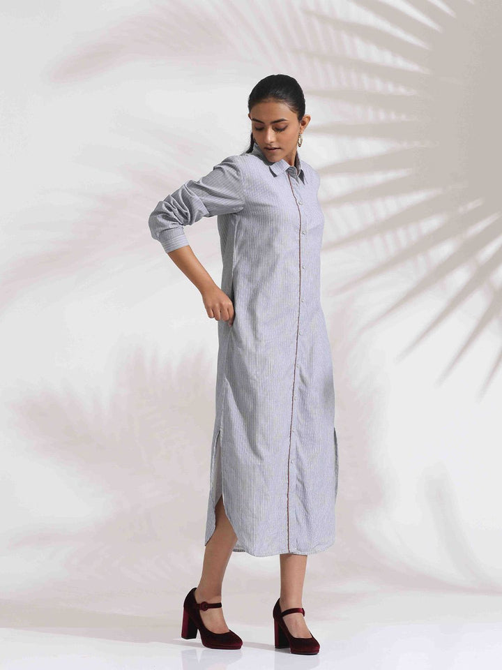 trueBrowns Women Grey Stripe Cotton Shirt Dress