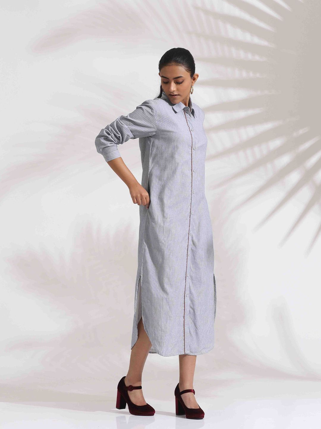 trueBrowns Women Grey Stripe Cotton Shirt Dress