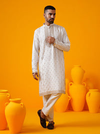 SOJANYA LUXE Geometric Embroidered Mandarin Collar Pure Silk Straight Kurta With Trouser