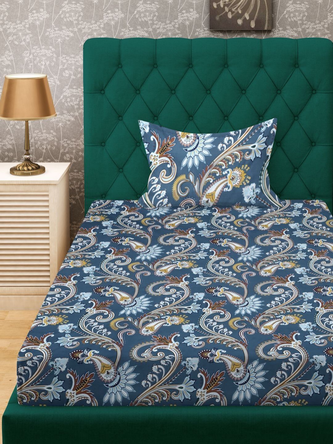 KLOTTHE Premium Blue Ethnic Motifs Cotton 300 TC Fitted Single Bedsheet with a Pillow Cover-89 x 59 inches