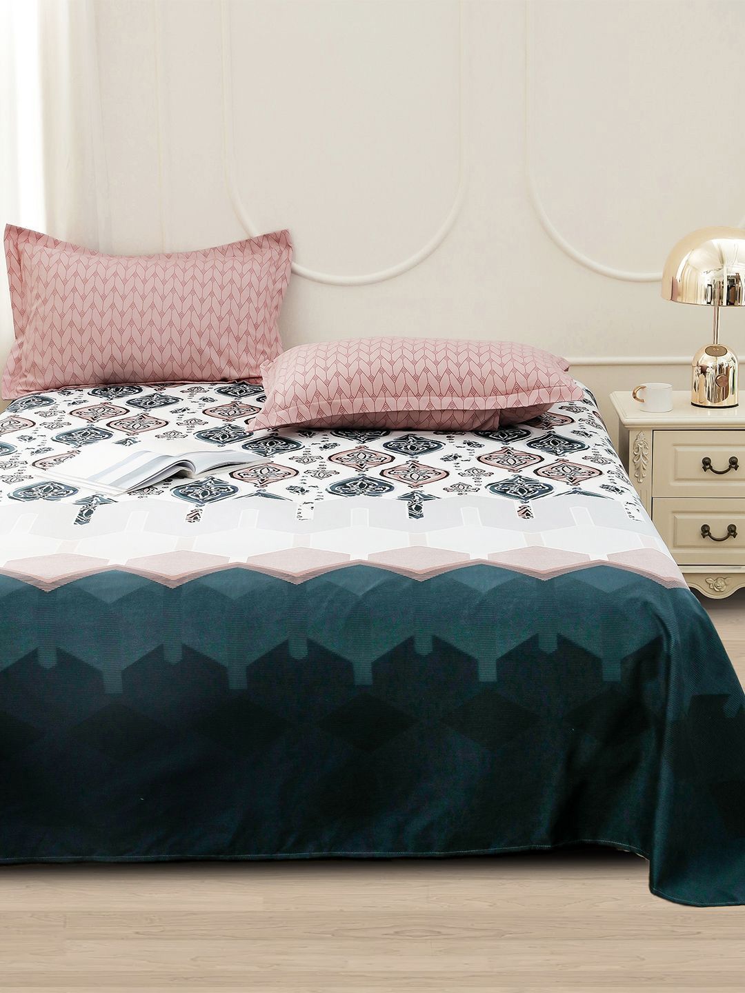 Story@home White Ethnic Printed 240 TC Satin Finish Queen Bedsheet Set