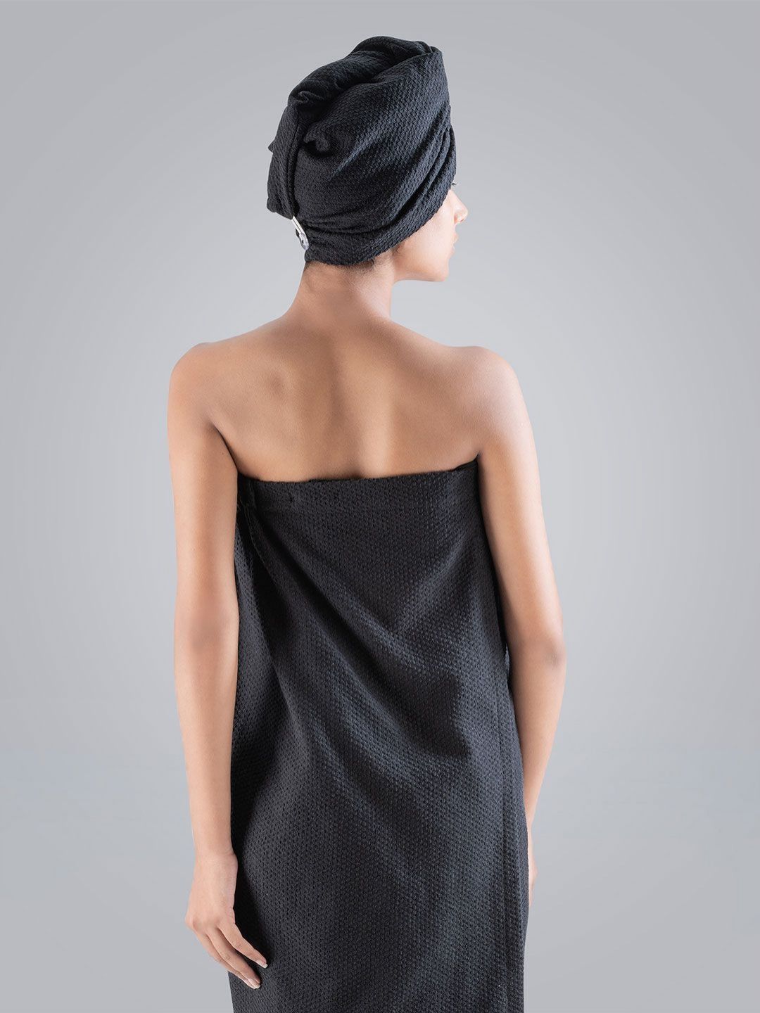 MYTRIDENT Black Cotton Bath Robe with head scarf