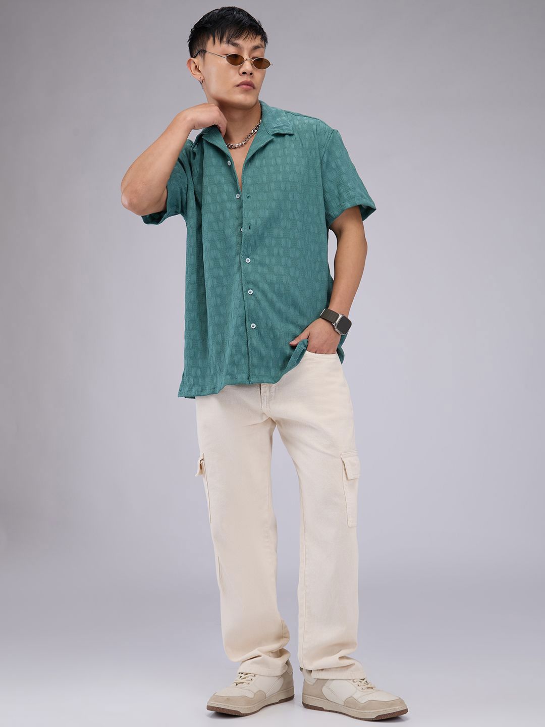 VASTRADO Men Classic Cuban Collar Textured Oversized Casual Shirt
