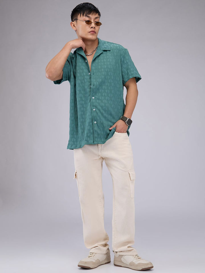 VASTRADO Men Classic Cuban Collar Textured Oversized Casual Shirt