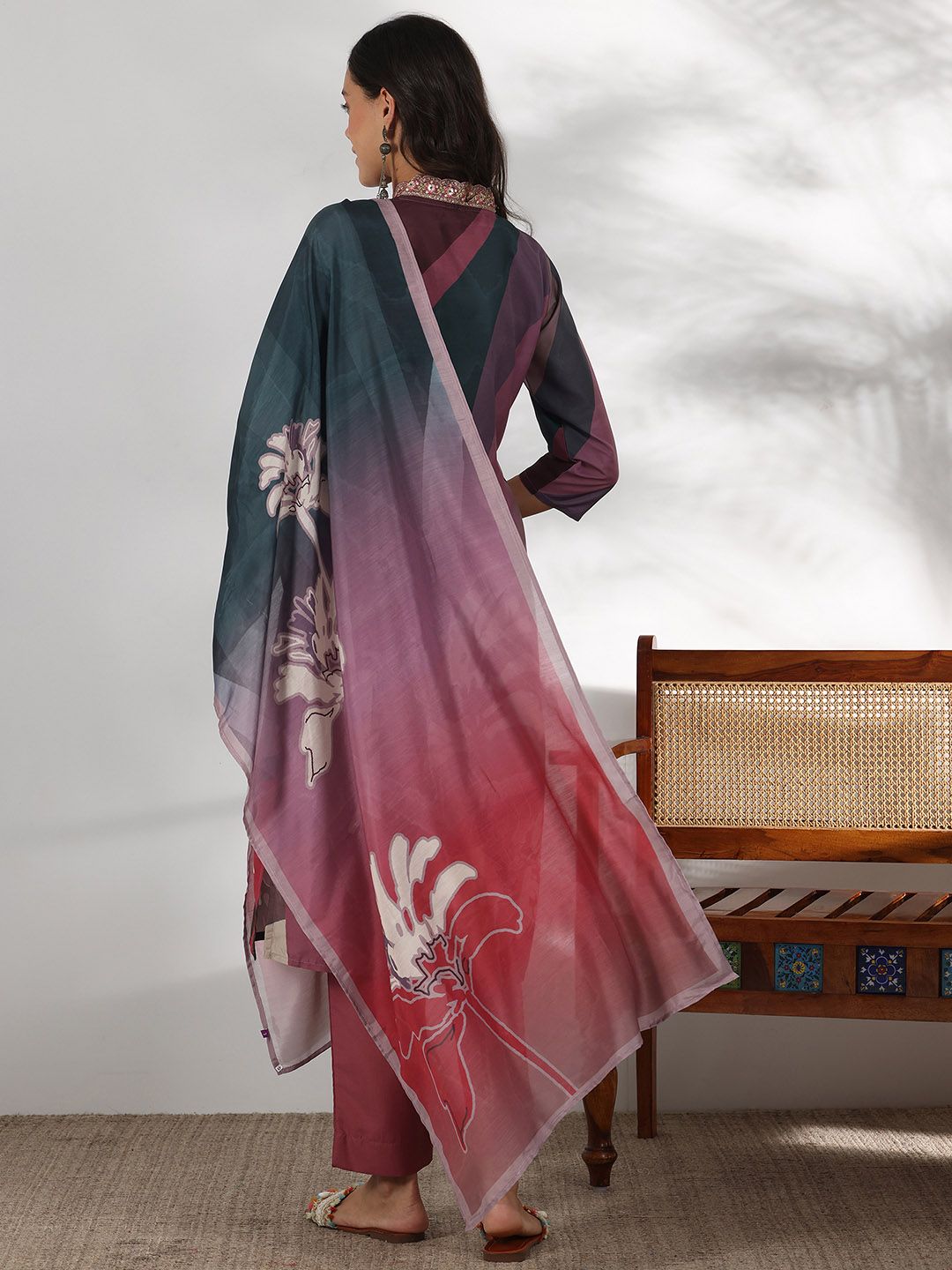 Libas Floral Printed Thread Work Straight Kurta with Trousers & Dupatta