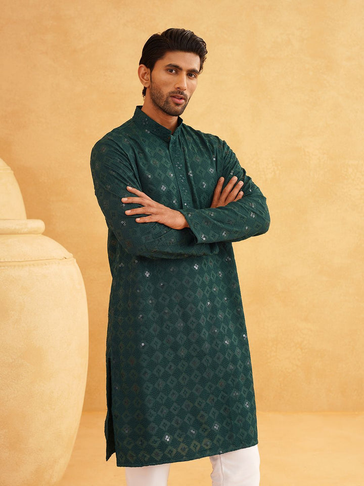 SOJANYA Ethnic Motifs Embroidered Mandarin Collar Sequinned Pure Cotton Straight Kurta