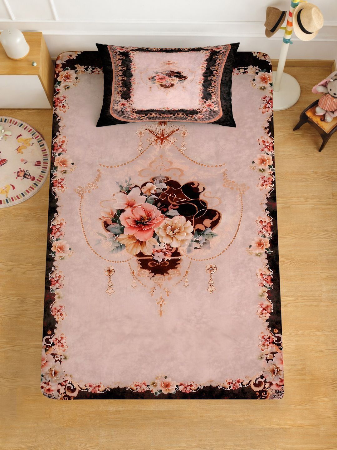 Myntra Elegant Brown Floral Printed Dilengkapi 400 TC Single Cadar 7D & 1 Sarung Bantal