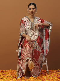 Rumah Chikankari Wanita Rust Crepe Chikankari Sulam Kaftan