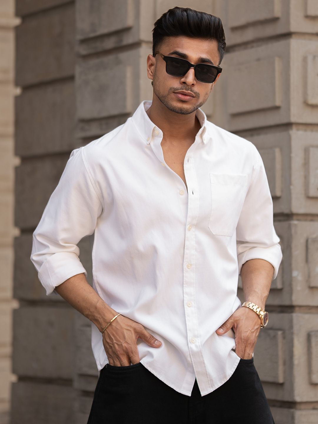 Powerlook Men Spread Collar Solid Cotton Casual Shirt