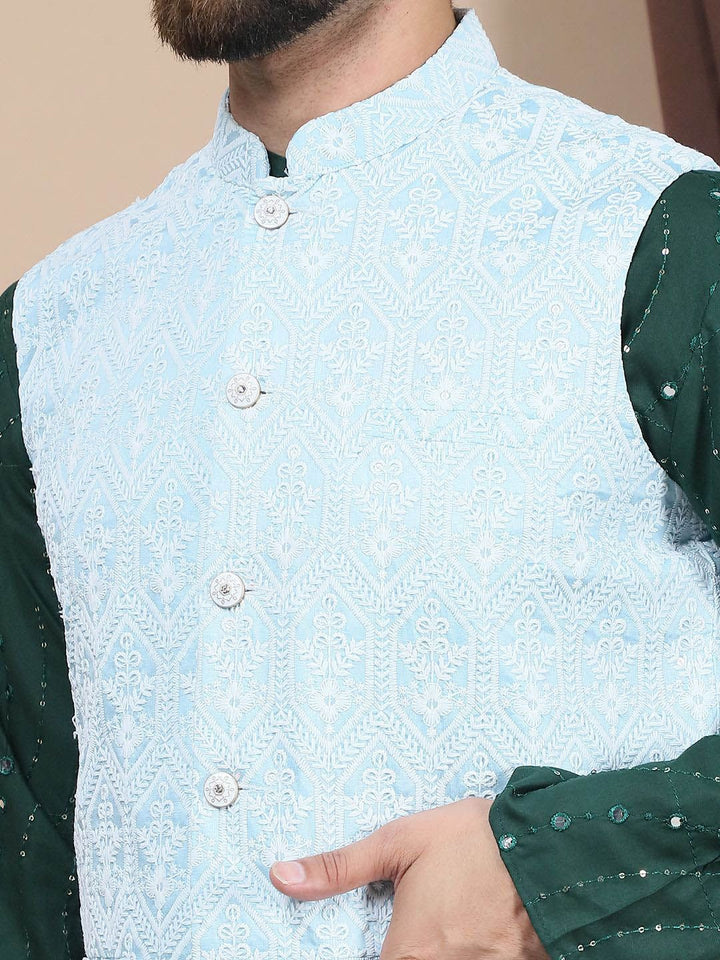 Anouk Green Floral Embroidered Straight Sequinned Pure Cotton Kurta with Churidar