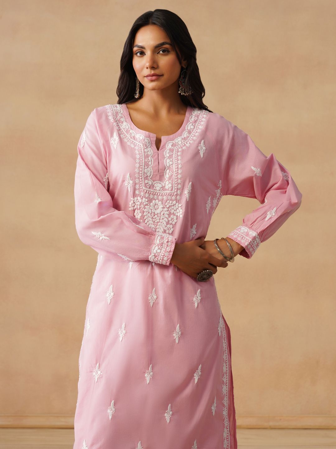 House of Chikankari Women Solid Pink Cotton Kurta