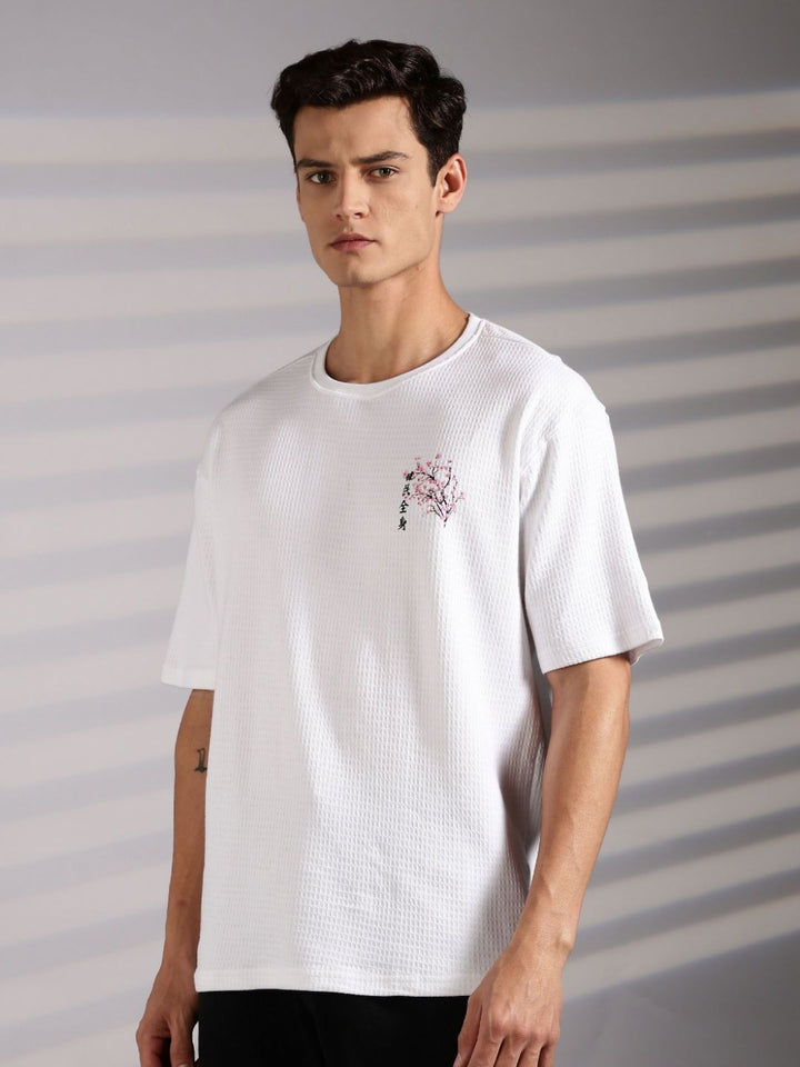 Eszett Lelaki Floral Printed Leher Bulat Bersaiz Besar T-shirt Kapas