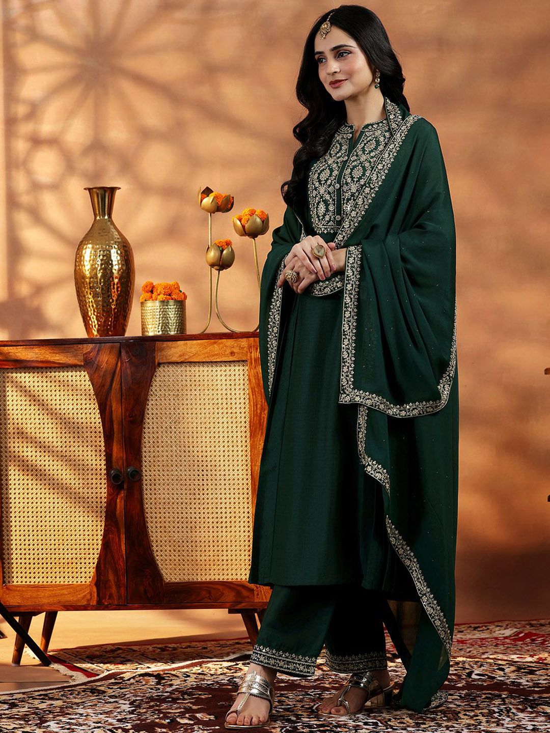 Libas Floral Yoke Design Zari Work Pleated Dobby Weave A-Line Kurta With Trouser & Dupatta