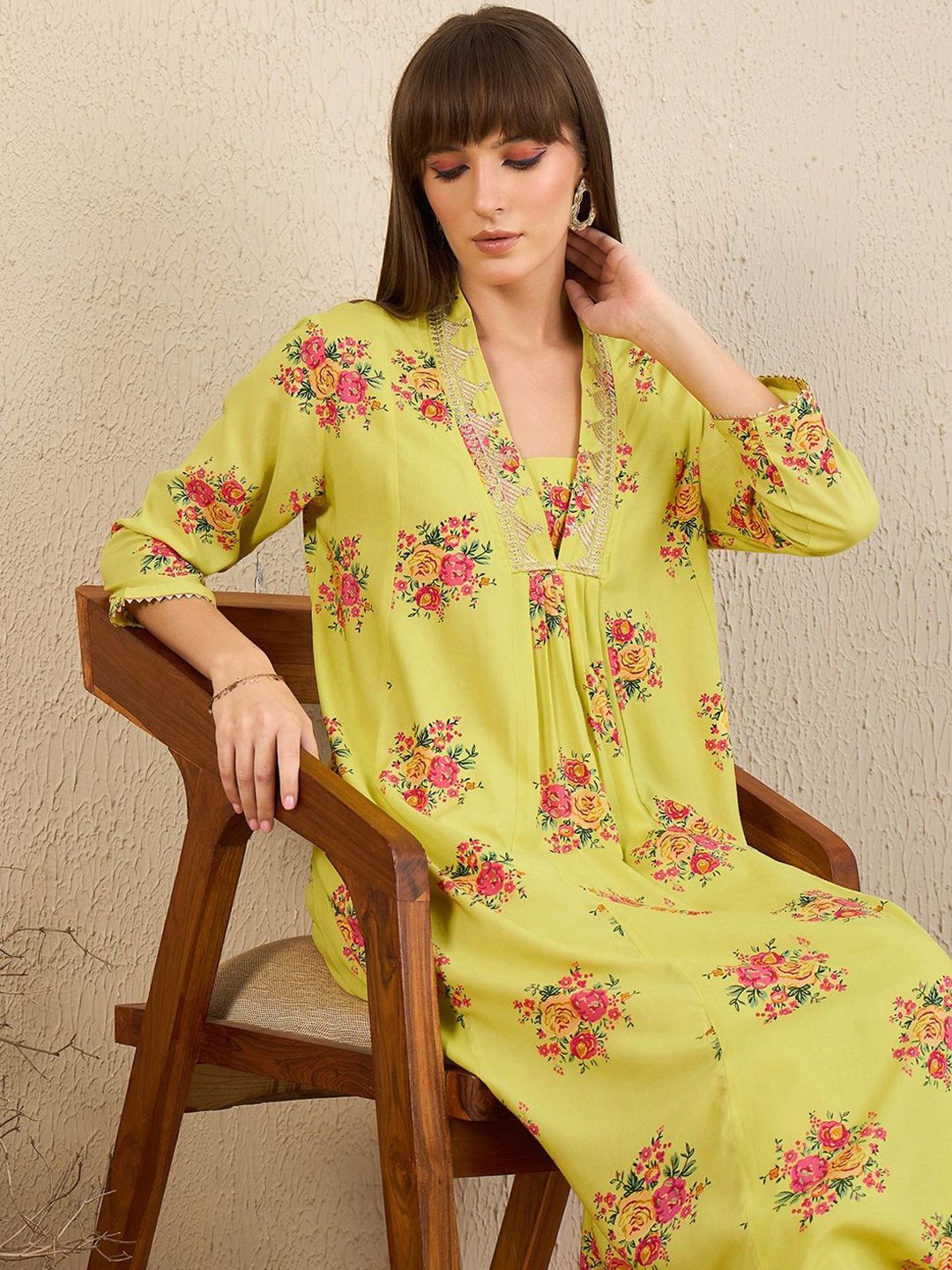 Indo Era Yellow Floral Embroidered V-Neck Zari Panelled A-Line Kurta