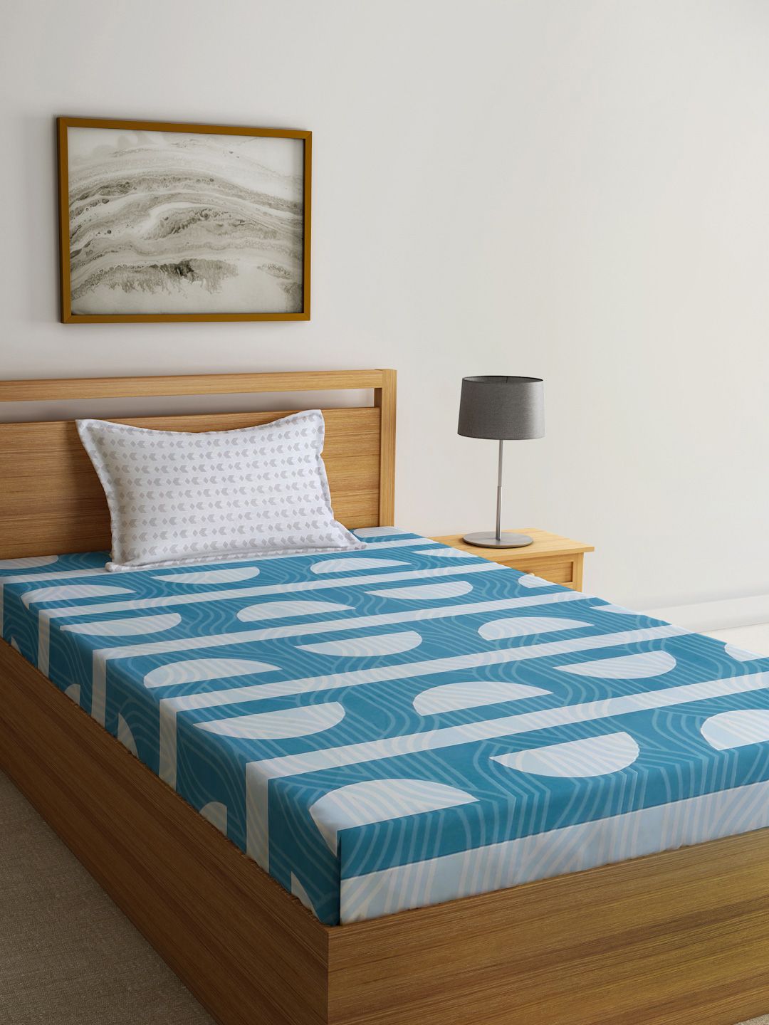 Myntra Elegant Homes Blue & Grey Geometric Printed 300 TC Single Bedsheet Set