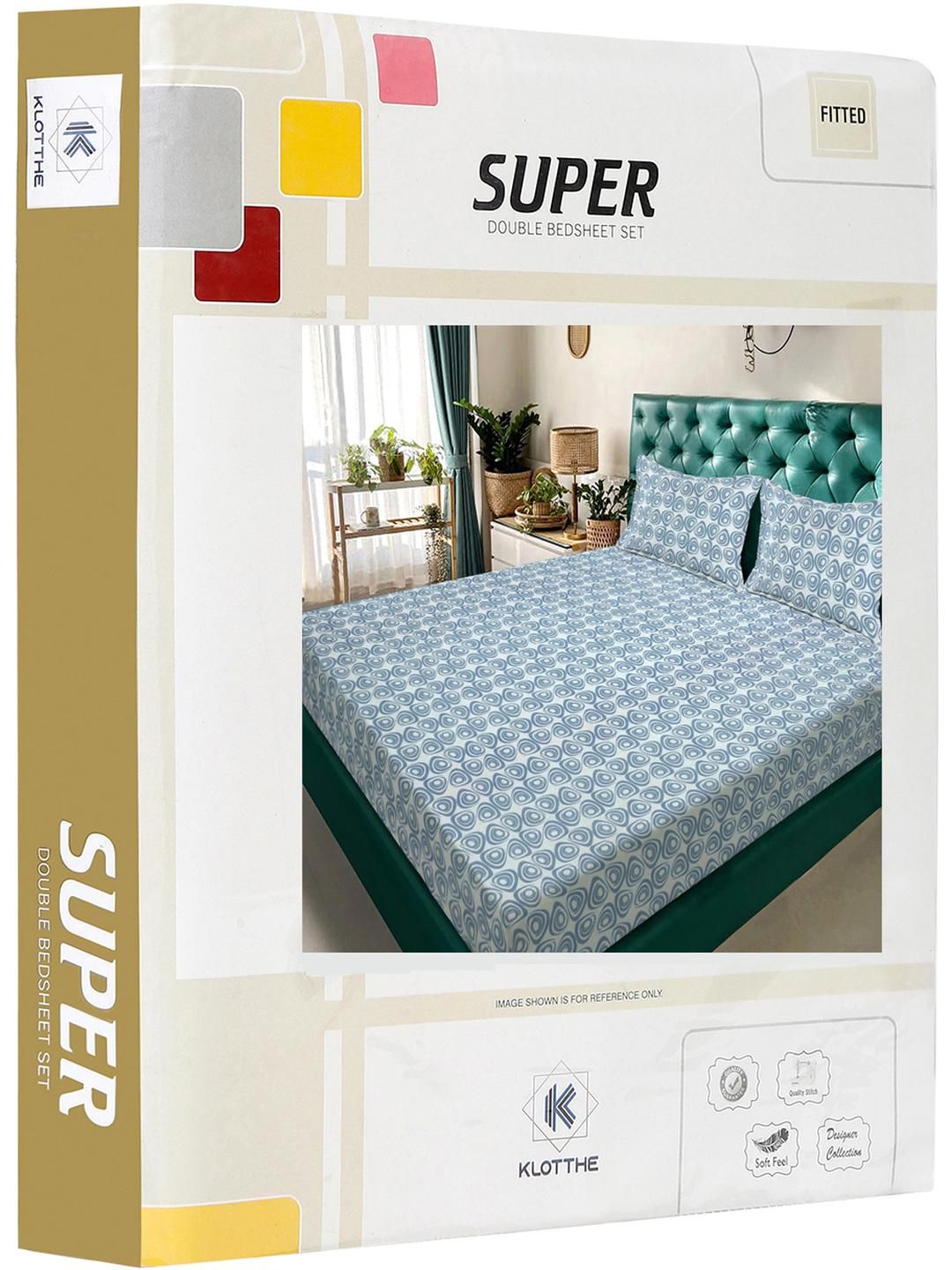 KLOTTHE Blue Geometric 300 TC King Bedsheet with 2 Pillow Covers
