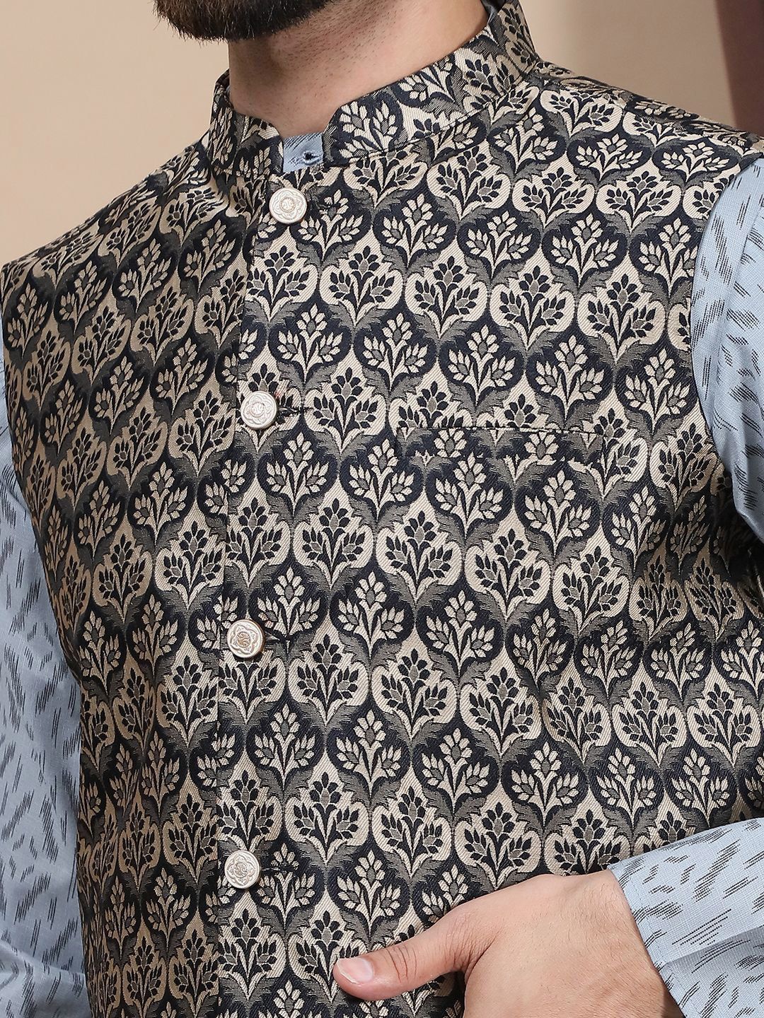 Anouk Geometric Printed Regular Pure Cotton Straight Kurta With Churidar & Nehru Jacket